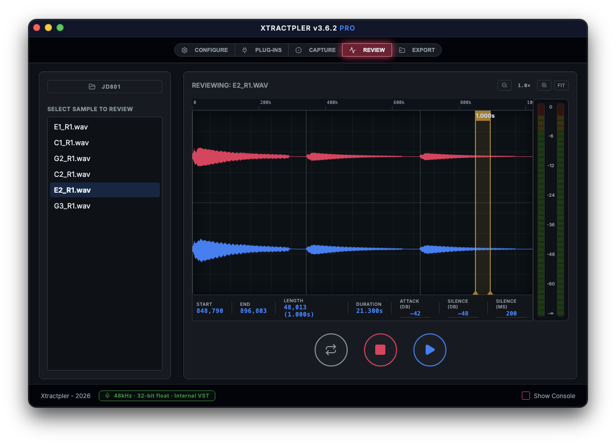 Xtractpler v3.6 Review tab showing the dual-band stereo waveform display