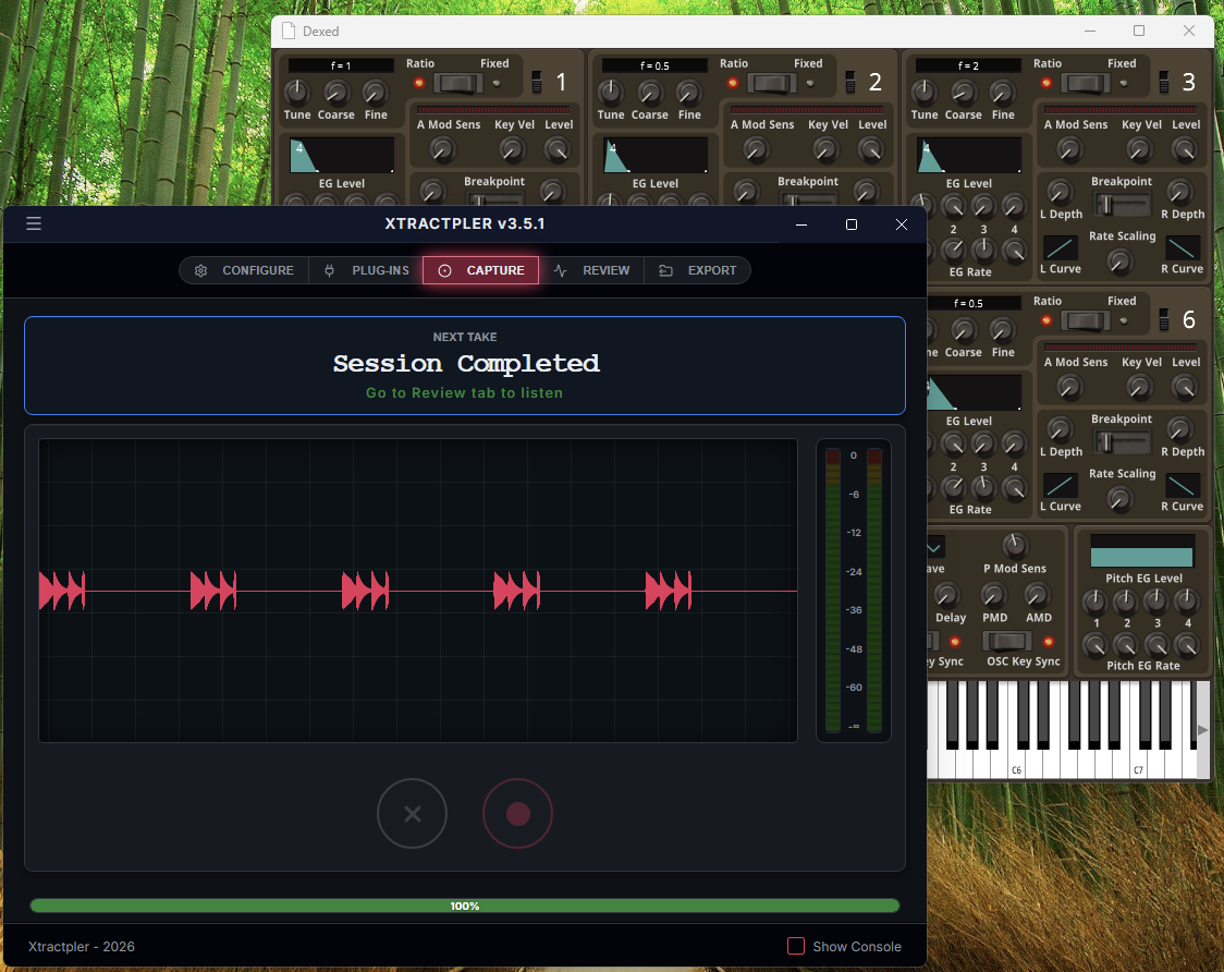 Xtractpler Internal Capture tab on Windows with VST3 offline render